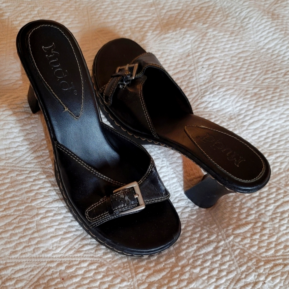 Mudd Open Toe Buckle Mule Heels 4" Women's Color Black Size 10 Used - Picture 1 of 8